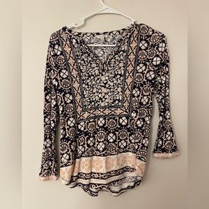 Lucky Brand Navy Blue & Pink Printed Boho Long Sleeve Blouse XS